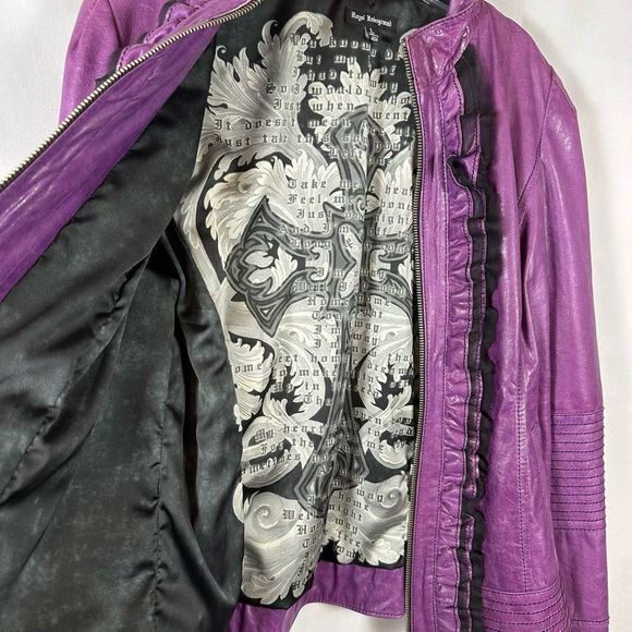 Royal Underground Leather Jacket Zip Sheer Black Ruffles Ornate Buttons Purple L - Picture 9 of 13